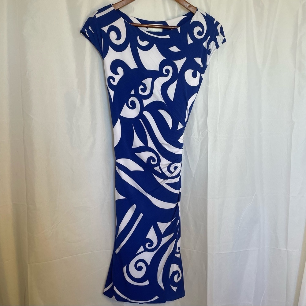 DONNA MORGAN Women’s Blue White Swirl Pencil Dress‎ Ruche Cap Sleeve Size 14 NWT - Picture 3 of 13